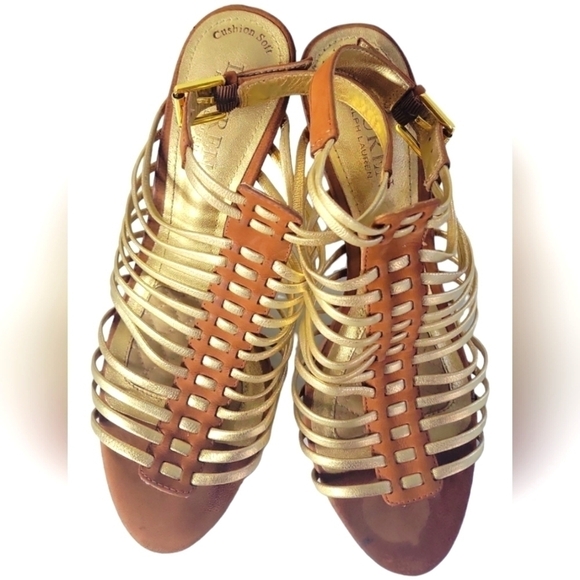 Lauren Ralph Lauren Tan/Gold Cushion Soft Strappy Suede Leather Heels Sandals - Picture 5 of 8